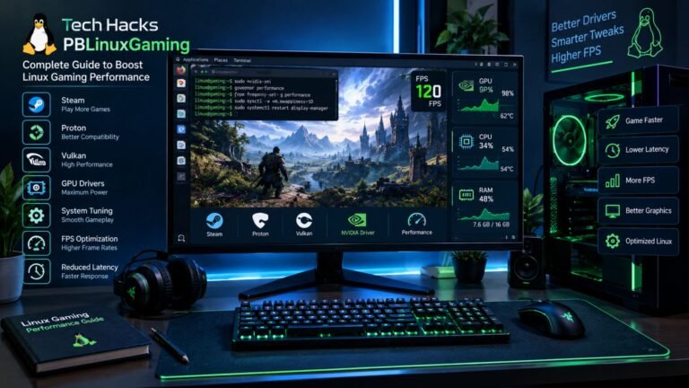 PBLinuxGaming guide showing Linux gaming performance optimization, FPS tuning, Proton, drivers, and system tweaks.