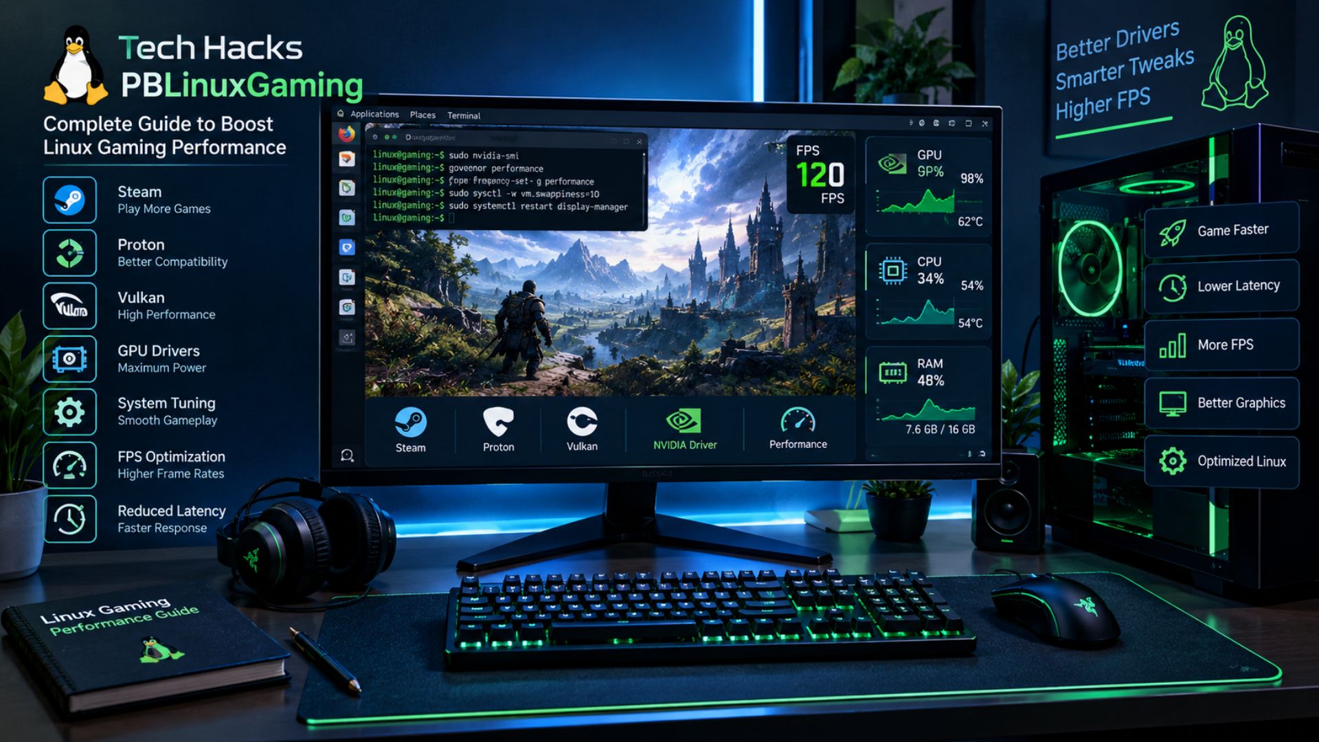 PBLinuxGaming guide showing Linux gaming performance optimization, FPS tuning, Proton, drivers, and system tweaks.