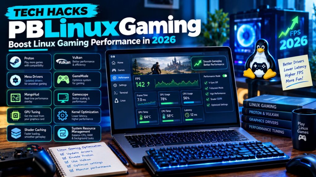 “PBLinuxGaming Linux gaming optimization guide showing a gaming PC with FPS monitoring, Proton, Vulkan, GPU tuning, and performance optimization tools.”