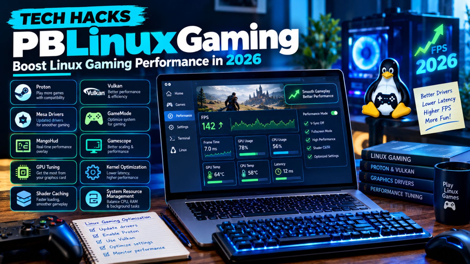 “PBLinuxGaming Linux gaming optimization guide showing a gaming PC with FPS monitoring, Proton, Vulkan, GPU tuning, and performance optimization tools.”