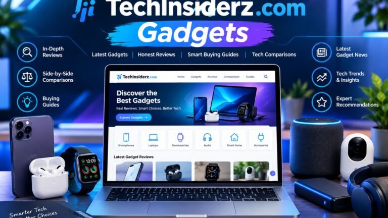 TechInsiderz.com Gadgets featuring a modern laptop with a gadget review interface surrounded by a smartphone, smartwatch, wireless earbuds, smart home devices, and other consumer technology.