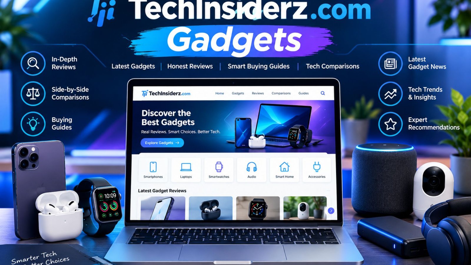 TechInsiderz.com Gadgets featuring a modern laptop with a gadget review interface surrounded by a smartphone, smartwatch, wireless earbuds, smart home devices, and other consumer technology.