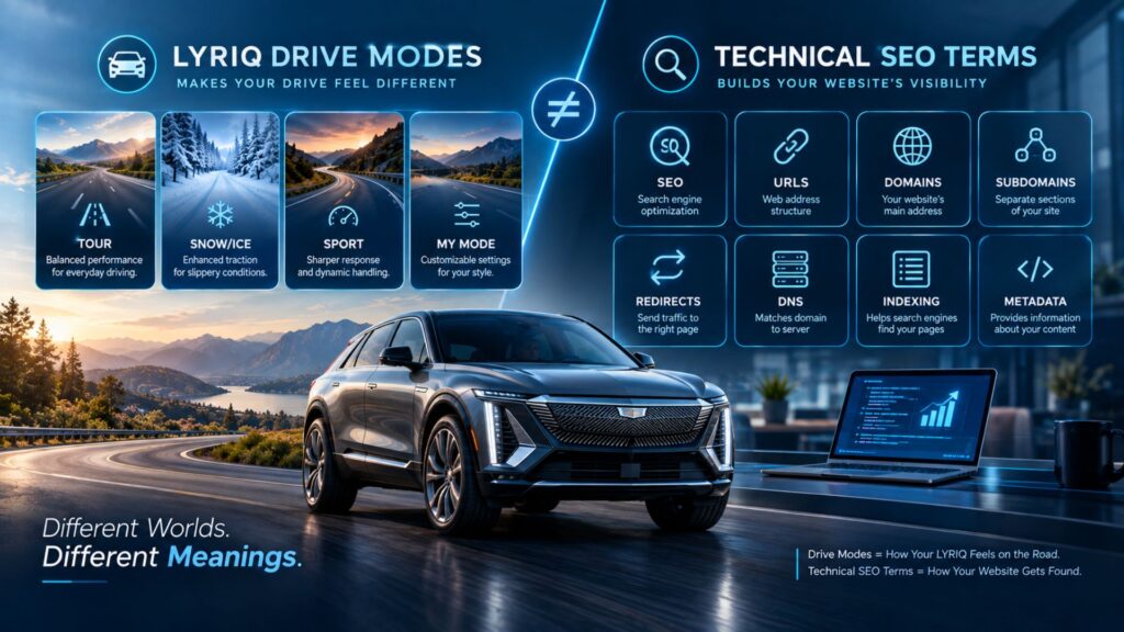 Technical SEO terms contrasted with 2026 Cadillac LYRIQ drive modes including Tour, Snow/Ice, Sport, and My Mode.