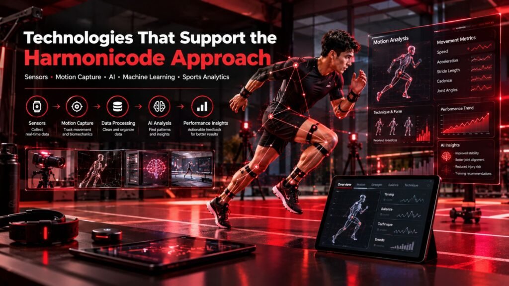 Technologies supporting the Harmonicode approach with wearable sensors, motion capture, biomechanics tracking, AI, machine learning, and sports performance analytics.