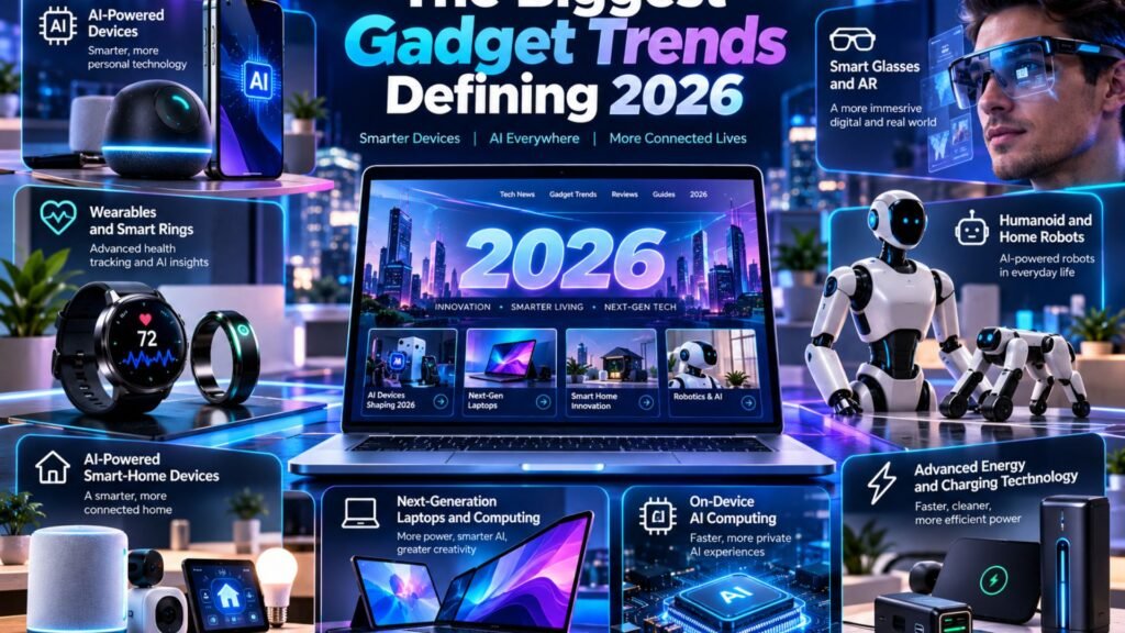The biggest gadget trends defining 2026, featuring AI wearables, smart glasses, smart rings, home robots, smart-home devices, on-device AI, next-generation laptops, and advanced charging technology.