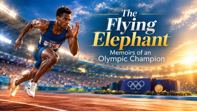 The Flying Elephant Memoirs of an Olympic Champion featuring an Olympic athlete in a dramatic stadium sporting moment