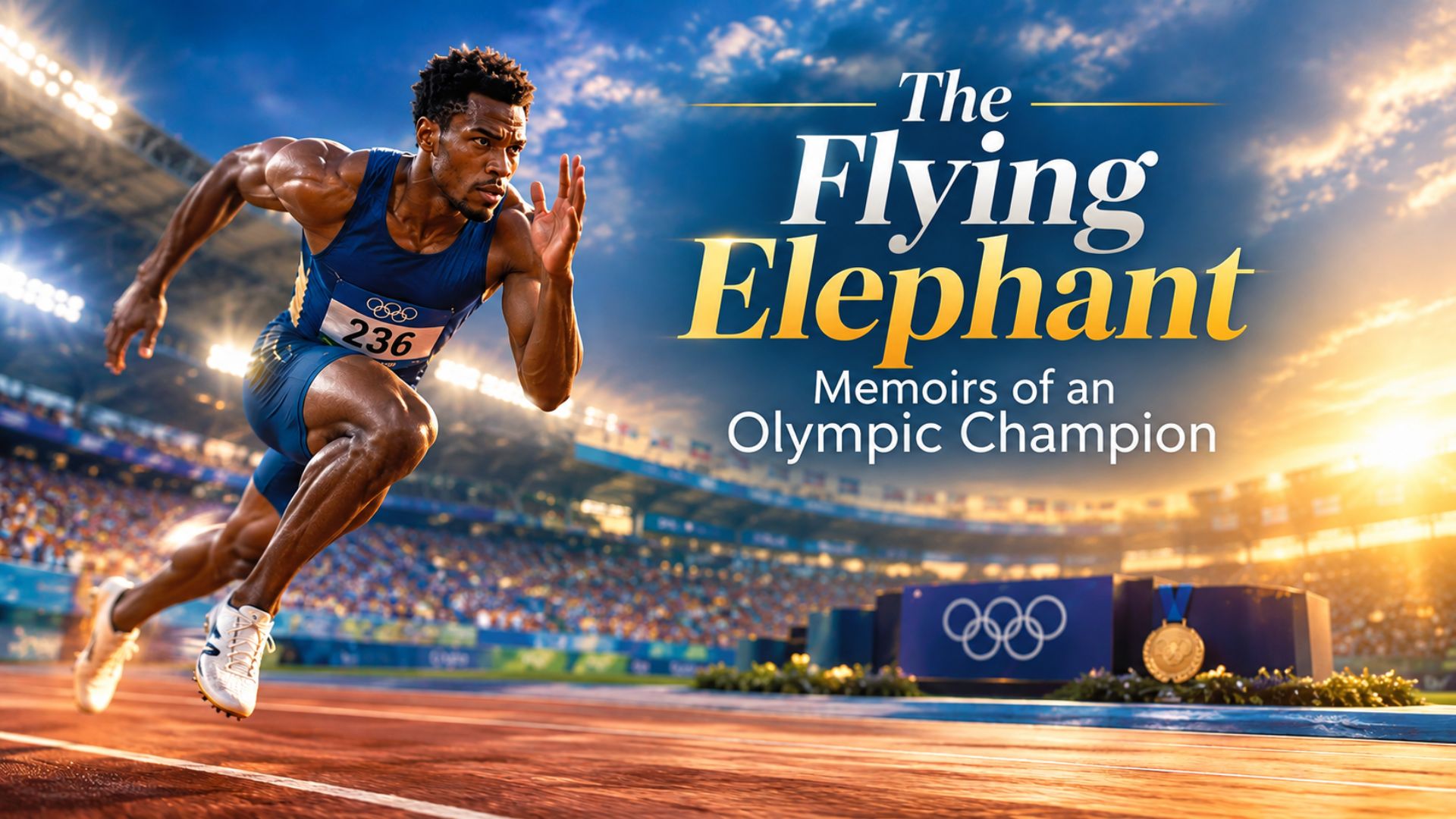 The Flying Elephant Memoirs of an Olympic Champion featuring an Olympic athlete in a dramatic stadium sporting moment