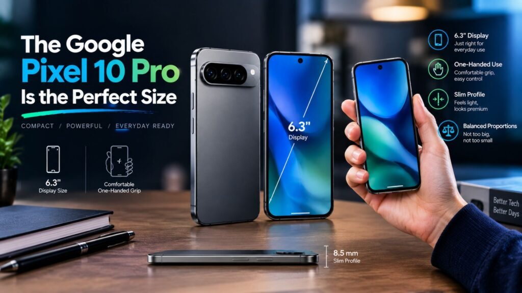 Google Pixel 10 Pro size and design shown in hand to highlight its compact 6.3-inch display and comfortable one-handed use