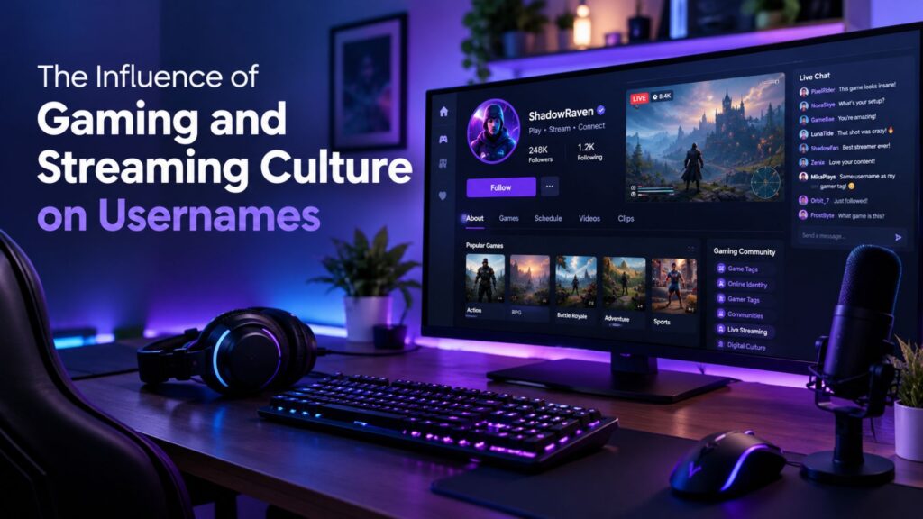 The influence of gaming and streaming culture on usernames represented by a gaming monitor, livestream interface, gamer profile, chat, headset, and digital identity