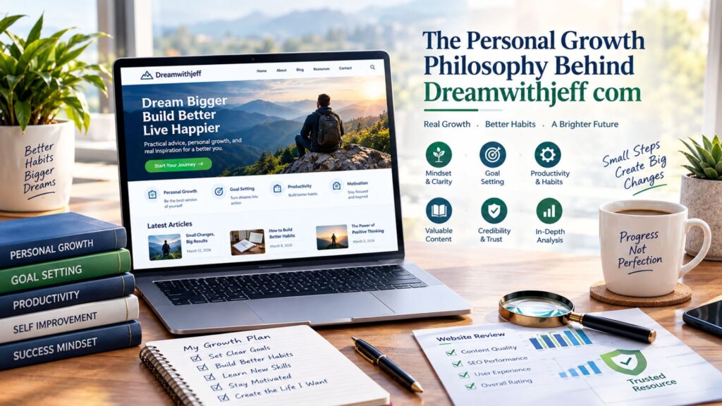 The personal growth philosophy behind Dreamwithjeff.com shown on a laptop with goal-setting, productivity, better habits, mindset, and self-improvement themes.