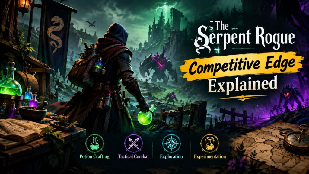 The Serpent Rogue competitive edge explained through a dark fantasy scene featuring an alchemist, magical potions, creatures, and tactical gameplay elements.
