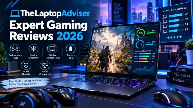 Gaming laptop surrounded by FPS benchmarks, thermal testing, performance charts, and review indicators for TheLaptopAdviser Expert Gaming Reviews 2026