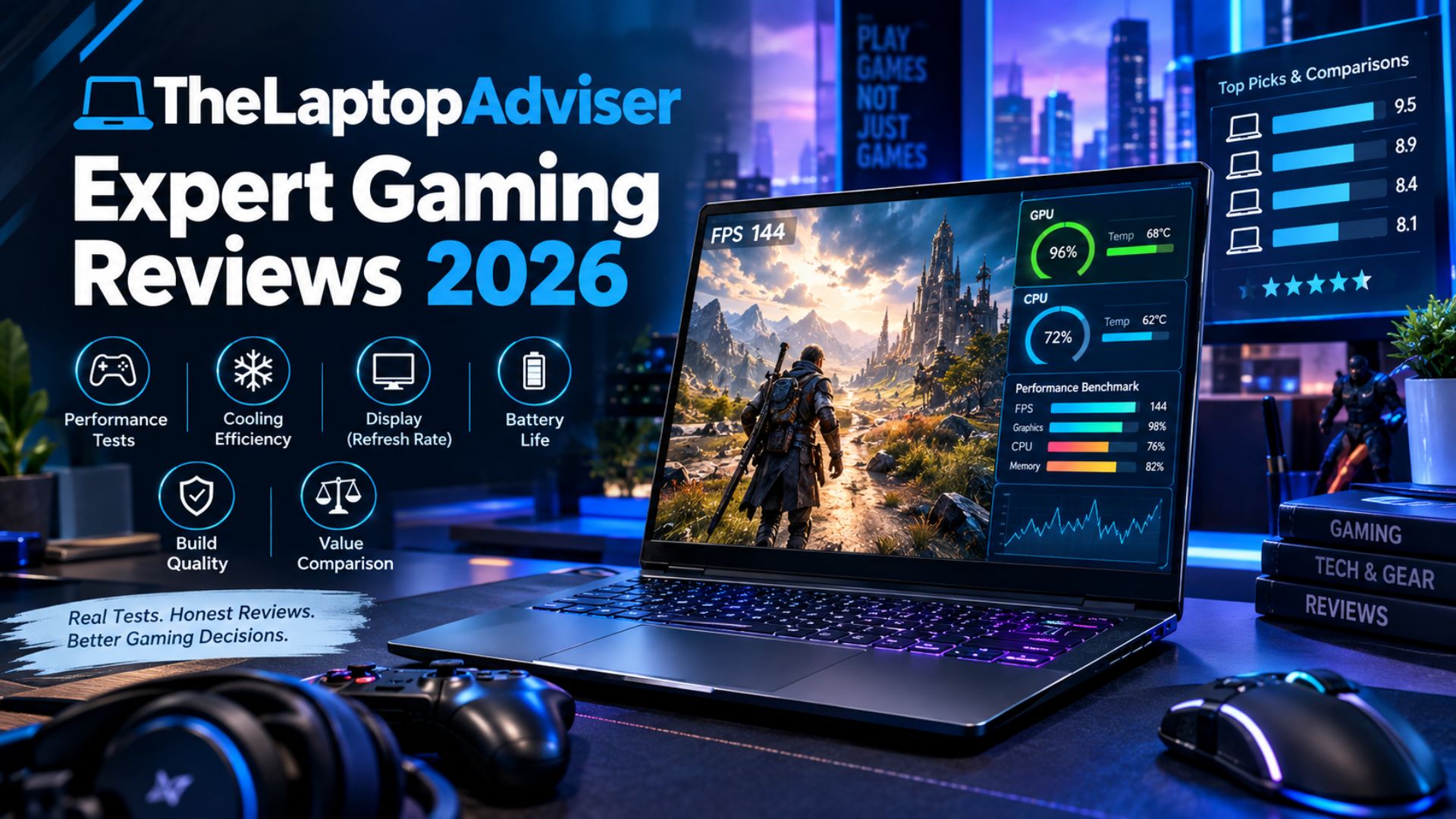 Gaming laptop surrounded by FPS benchmarks, thermal testing, performance charts, and review indicators for TheLaptopAdviser Expert Gaming Reviews 2026