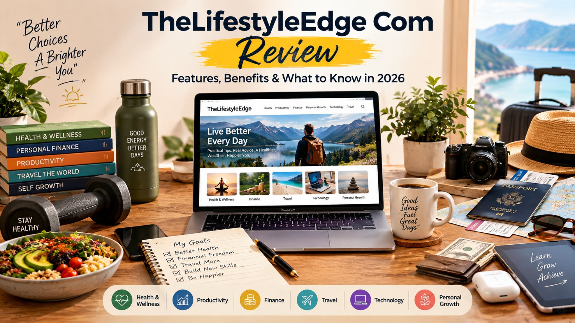 TheLifestyleEdge com review featuring a modern lifestyle workspace with a laptop, wellness items, productivity tools, travel accessories, and personal finance elements.