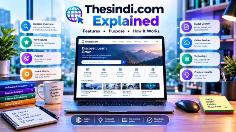 Thesindi.com explained through a modern digital workspace showing its website interface, online features, purpose, and how it works.
