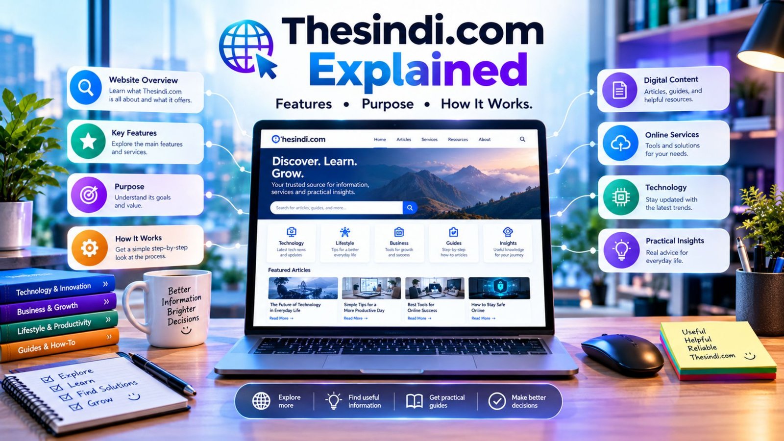 Thesindi.com explained through a modern digital workspace showing its website interface, online features, purpose, and how it works.