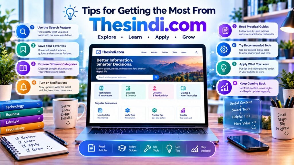 Tips for getting the most from Thesindi.com by exploring categories, using search, saving useful content, reading guides, trying recommended tools, applying practical tips, and staying updated.