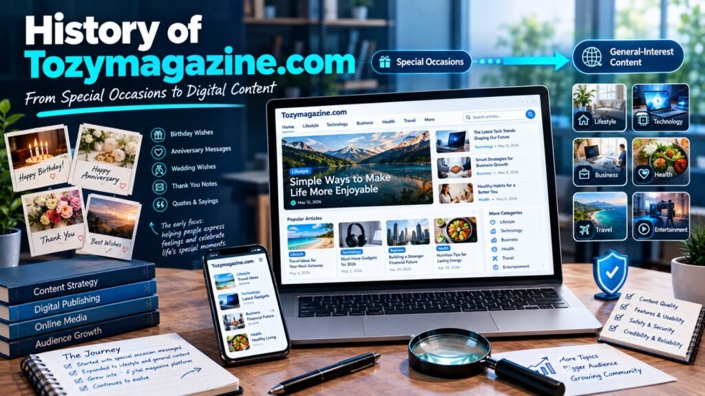 Tozymagazine.com history showing its evolution from special-occasion messages to a broader digital content platform