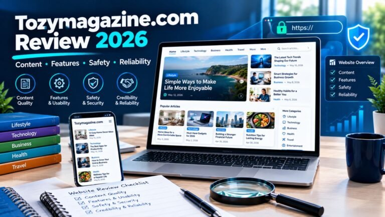 Tozymagazine com Review 2026 showing a generic online magazine with content categories, safety indicators, and reliability checklist