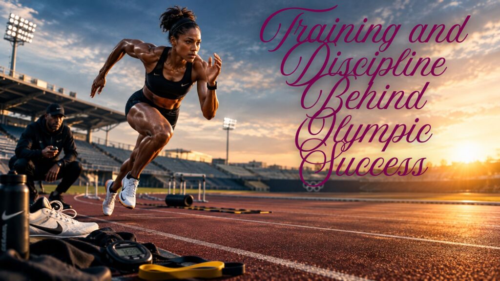 Elite Olympic sprinter training intensely on a professional stadium track at sunrise, with a coach, stopwatch, running shoes, resistance bands, hurdles, and stadium lights emphasizing discipline, focus, and preparation for Olympic success.