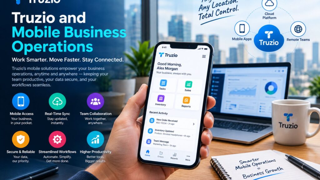 Truzio mobile business operations platform shown on a smartphone with tasks, sales, inventory, reports, cloud connectivity, and remote team features.