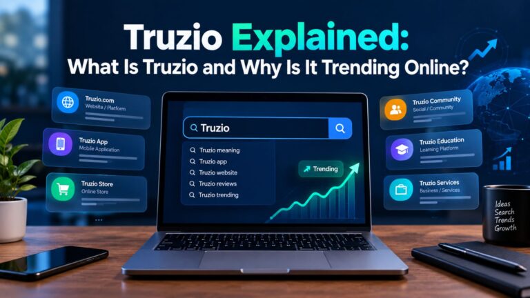 Truzio explained on a laptop with search results, trending analytics, digital platforms, and online community graphics.