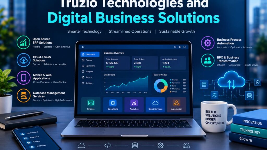 Truzio Technologies digital business solutions featuring ERP, cloud and SaaS, mobile apps, database management, automation, and business transformation.
