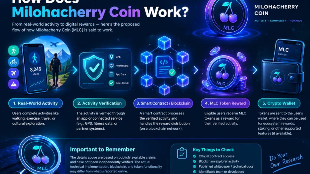 “Illustration showing the proposed Milohacherry Coin process from activity verification through blockchain rewards to a crypto wallet”