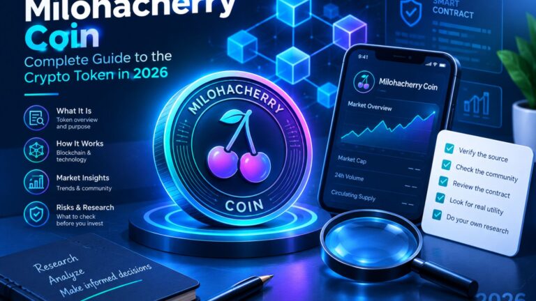 Milohacherry Coin crypto research graphic showing a digital token, blockchain network, market chart, and verification symbols