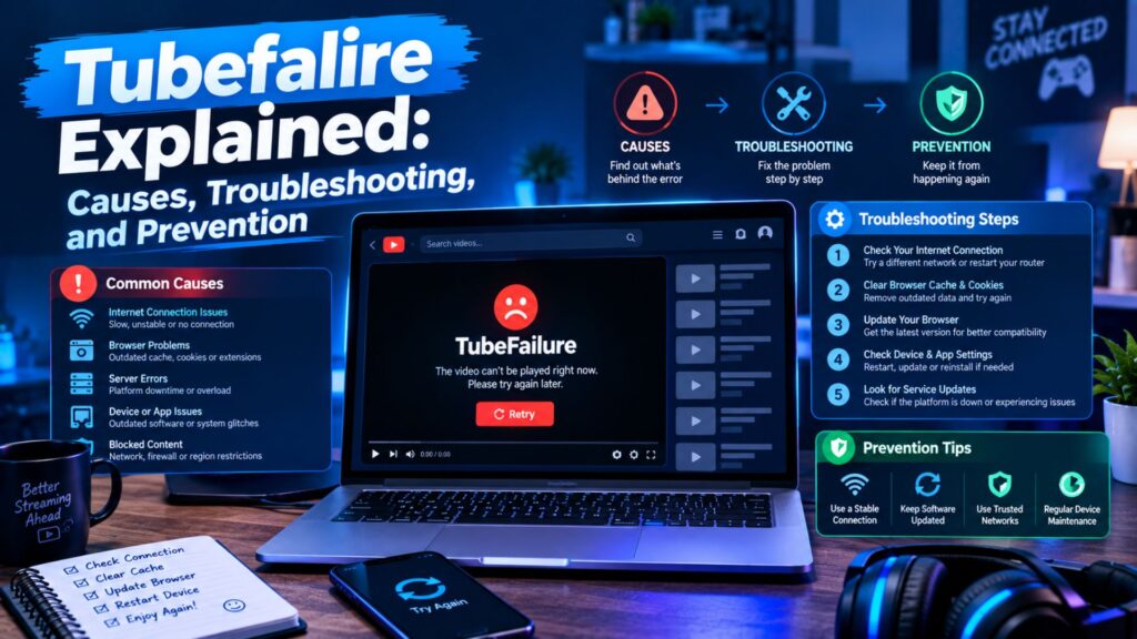 Laptop displaying a TubeFailure error with troubleshooting icons, diagnostic checklist, warning symbols, and prevention indicators