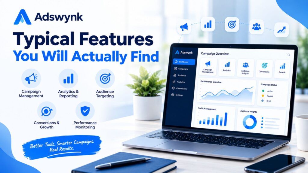 Adswynk Com dashboard showing typical advertising features including campaign management, analytics, audience targeting, conversions, and performance monitoring