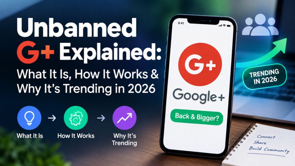 Unbanned G+ explained with a smartphone displaying Google+ branding, trending 2026 graphic, and icons representing how the platform works and why it is gaining attention.