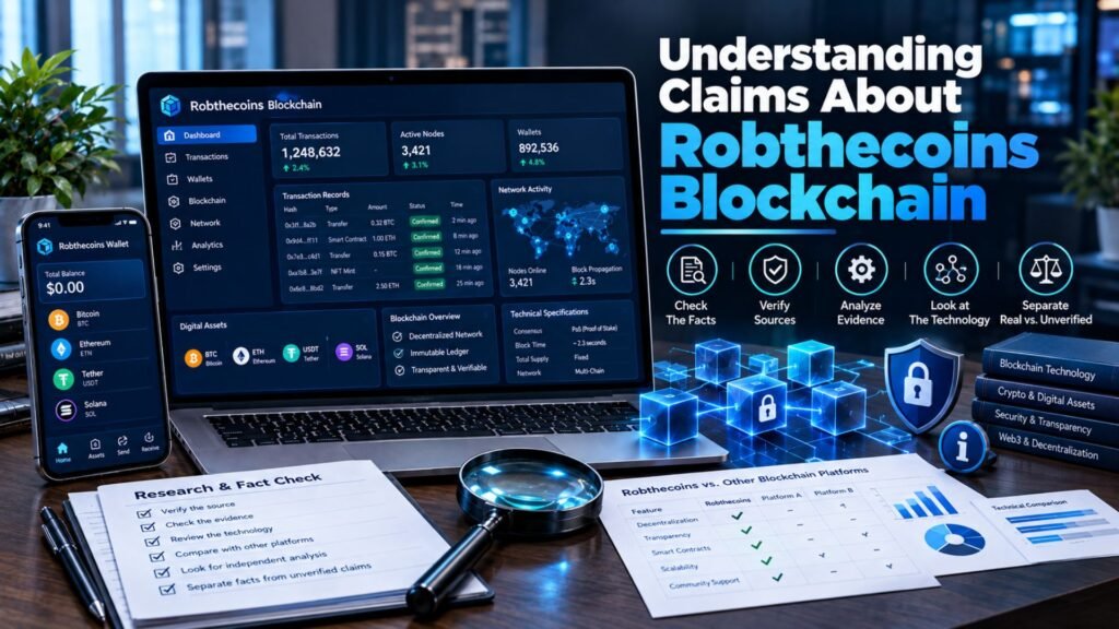 Understanding claims about Robthecoins blockchain through a fact-checking concept featuring blockchain records, network nodes, research documents, verification indicators, and evidence analysis.