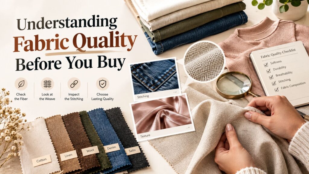 Fashion shopper examining fabric textures, stitching, and clothing materials to understand fabric quality before buying