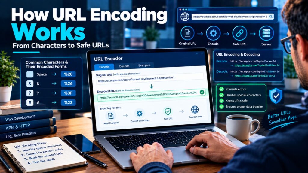 Understanding how URL encoding works with a developer viewing character conversions, encoding steps, and a correctly encoded URL on a laptop.
