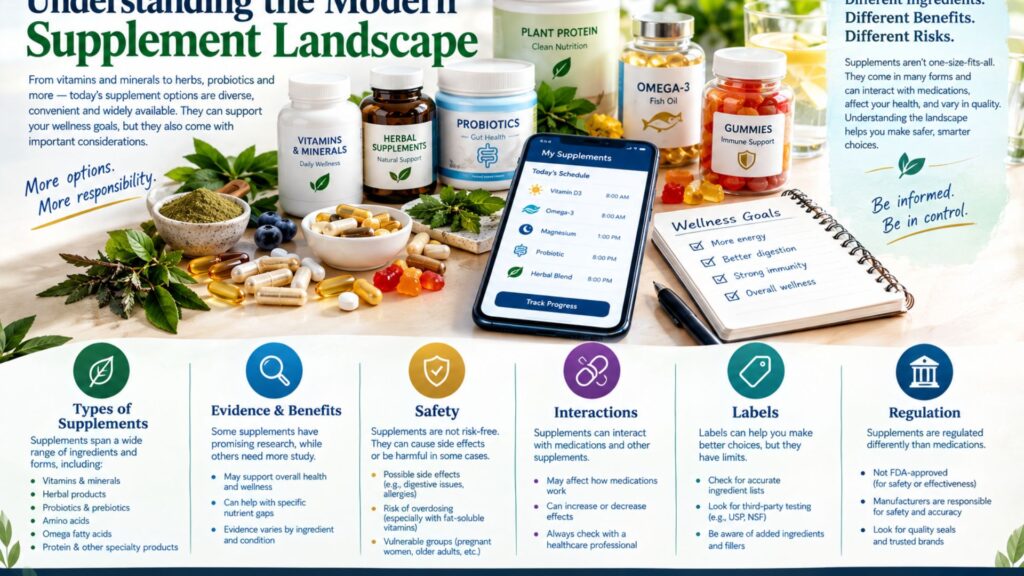 Modern dietary supplement landscape featuring vitamins, minerals, herbs, probiotics, gummies, supplement labels, safety icons, and a digital health tracking dashboard