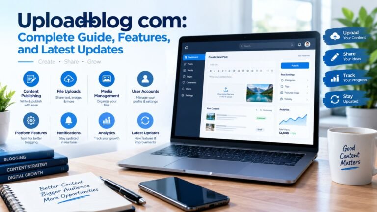 Laptop displaying a generic Uploadblog com platform with content uploads, publishing tools, platform features, analytics, and latest update indicators.