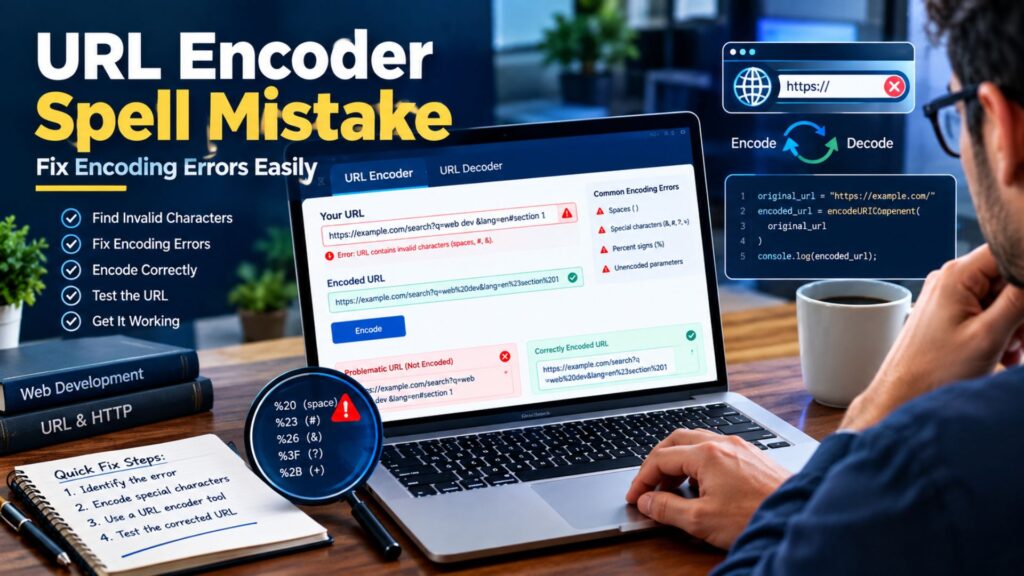 URL encoder spell mistake shown on a laptop with malformed URL characters, encoding warnings, and a corrected URL demonstrating how to fix encoding errors.