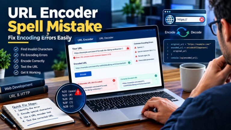 URL encoder spell mistake shown on a laptop with malformed URL characters, encoding warnings, and a corrected URL demonstrating how to fix encoding errors.