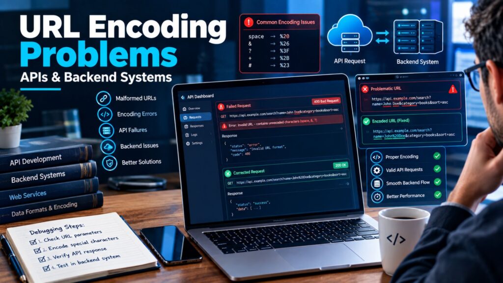 Alt Text: URL encoding problems in APIs and backend systems shown with malformed URL parameters, encoding errors, failed API requests, and a corrected backend request flow.