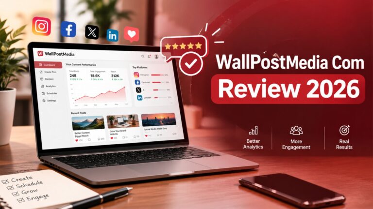 WallPostMedia Com Review 2026 showing a modern digital media platform interface and review graphics