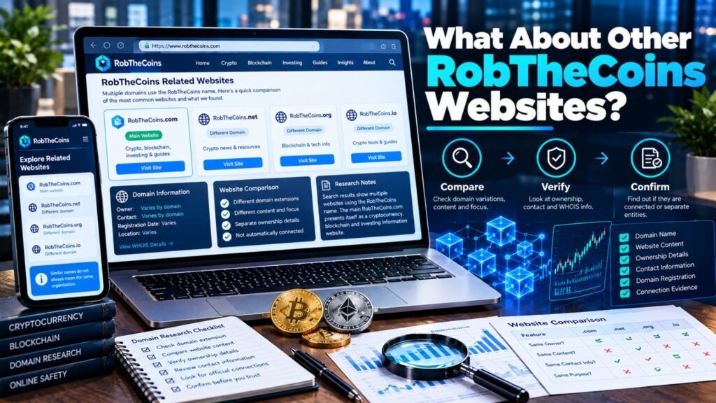 RobTheCoins website comparison showing multiple similarly named domains, domain verification tools, ownership research, cryptocurrency graphics, and a checklist for confirming whether different websites are connected.