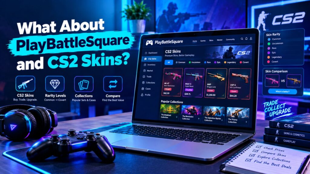 Gaming laptop showing a PlayBattleSquare-style interface with CS2 skin cards, cosmetic inventory, rarity indicators, and gaming accessories