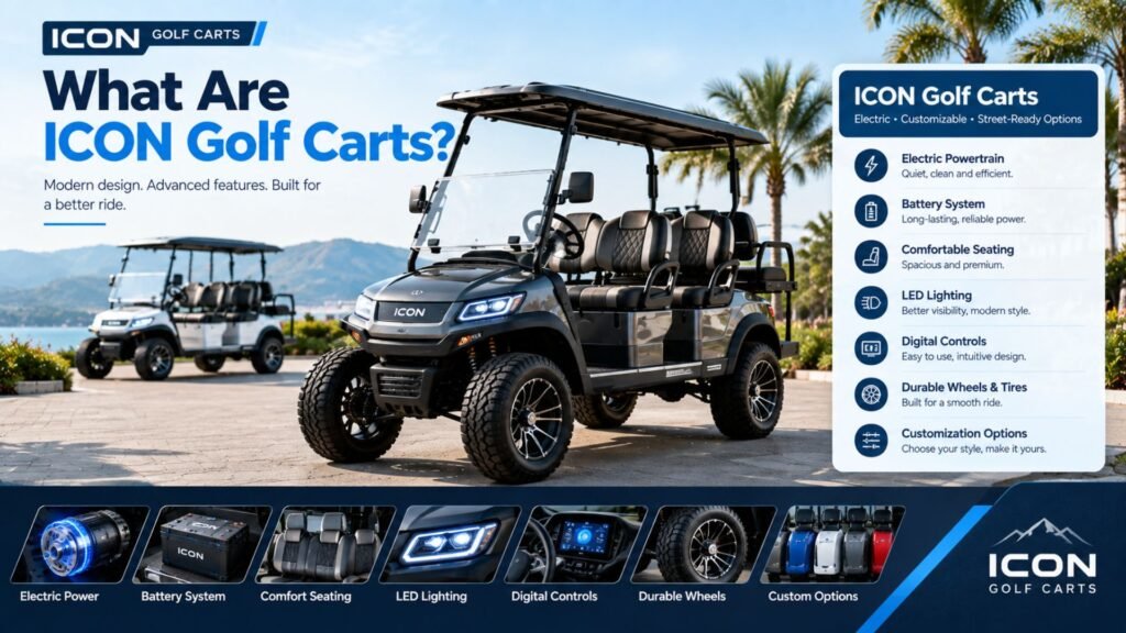 Modern ICON electric golf cart displayed in a premium outdoor setting with visual details representing its design, electric power, comfort, and customization features.