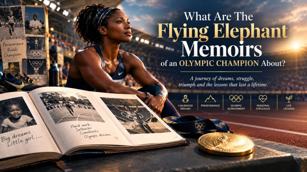 Photorealistic Olympic stadium scene featuring a female champion reflecting beside an open memoir scrapbook, childhood photos, running shoes, and a gold Olympic medal. Warm sunset light illuminates the track and blurred crowd, while the image text highlights dreams, perseverance, Olympic achievement, personal struggles, and life lessons.