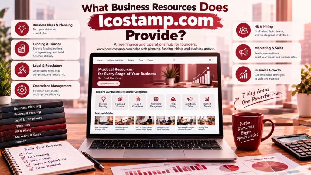Icostamp com business resources covering planning, finance, legal compliance, operations, HR, marketing, sales, and business growth.