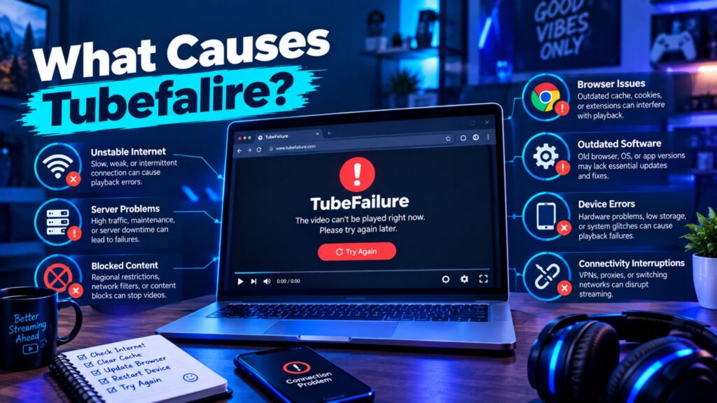 Laptop displaying a TubeFailure error surrounded by icons representing internet, browser, server, device, and software problems