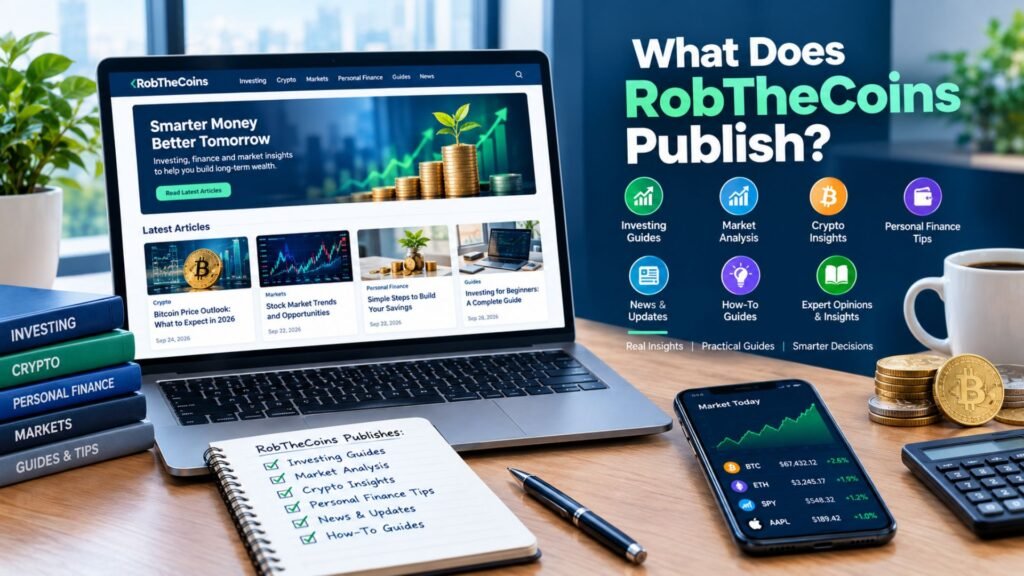 RobTheCoins publishing investing guides, market analysis, crypto insights, personal finance tips, news, and how-to content on a modern financial website.