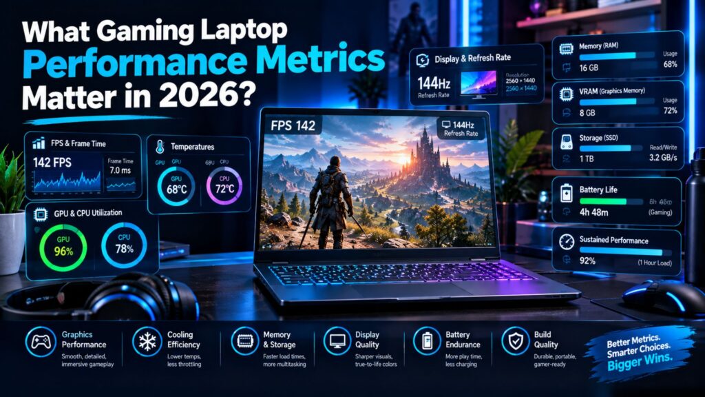 Gaming laptop showing FPS, GPU, CPU, thermal, refresh rate, memory, storage, and battery performance metrics for 2026