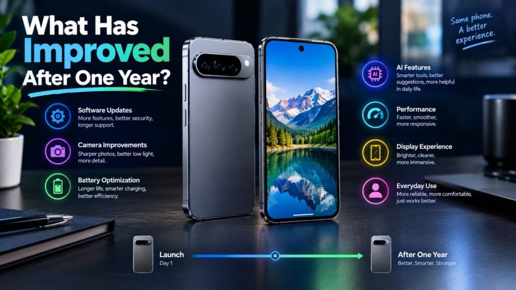 Pixel 10 Pro one year later showing improvements in software, camera, battery optimization, AI features, performance, and everyday use